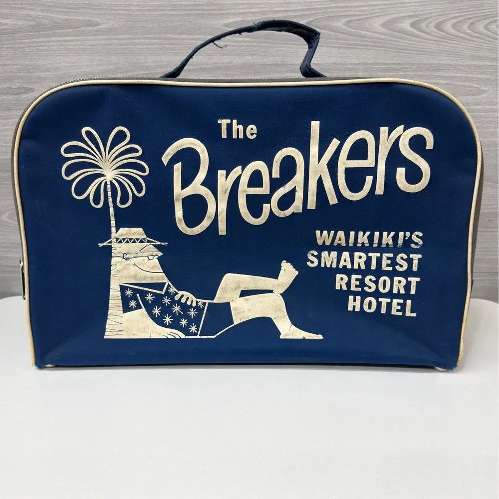 Vintage The Breakers Waikiki Hawaii Souvenir Travel Bag Natco Blue Suitcase